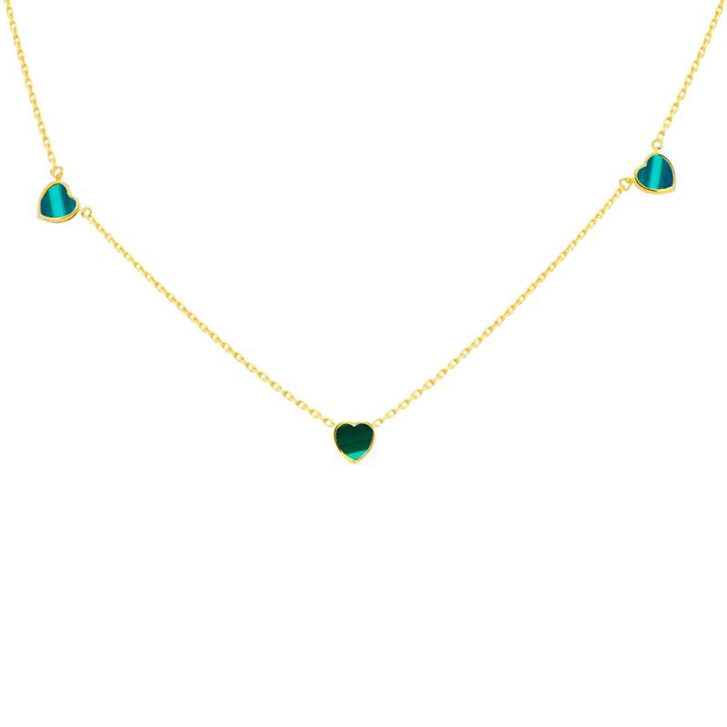 375/1000 Yellow Gold & Malachite Heart Petals Cable Chain Necklace, 41-43 cm Length, 1.65 mm Width - Aurora