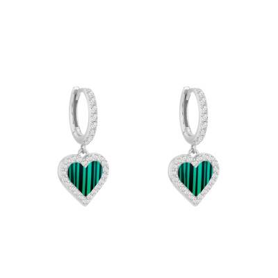 Boucles d'oreilles Coeurs en Argent 925, Malachites & Oxydes de Zirconium - Aurora