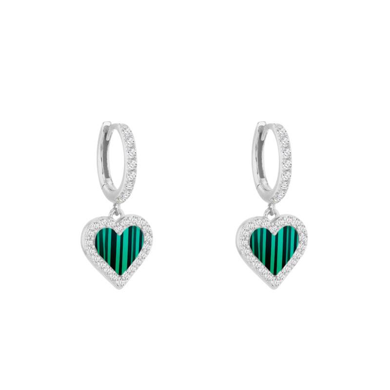 925 Silver, Cubic Zirconia & Malachite Heart Stud Earrings - Aurora