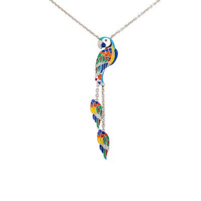 Lovebird 925 Silver Necklace With White Zirconium Oxides & Multicolor Enamel, Length 40 cm - Una Storia