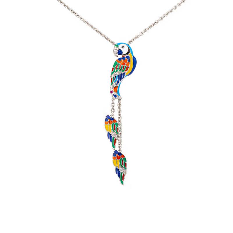 Lovebird 925 Silver Necklace With White Zirconium Oxides & Multicolor Enamel, Length 40 cm - Una Storia