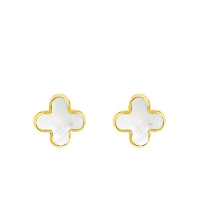Boucles d'oreilles Pétales Trèfles en Or Jaune 375 & Nacres Blanches - Aurora