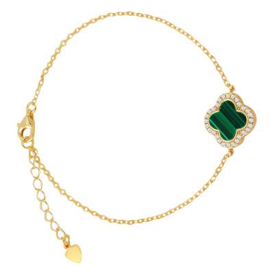 Gold-Plated 925 Silver, White Cubic Zirconia & Malachite Clover Bracelet 15 x 15 mm, Length 18 cm to 20 cm - Aurora