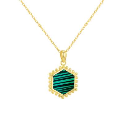 Collier Hexagone Perlé en Malachite & Argent 925 Doré, Longueur 41 à 46 cm - Aurora
