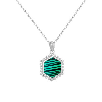 Collier Hexagone Perlé en Malachite & Argent 925, Longueur 41 à 46 cm - Aurora