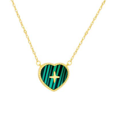 Collier Coeur Perlé et Croix en Malachite & Argent 925 Doré, Longueur 41 à 46 cm - Aurora