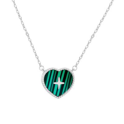 Collier Coeur Perlé et Croix en Malachite & Argent 925, Longueur 41 à 46 cm - Aurora