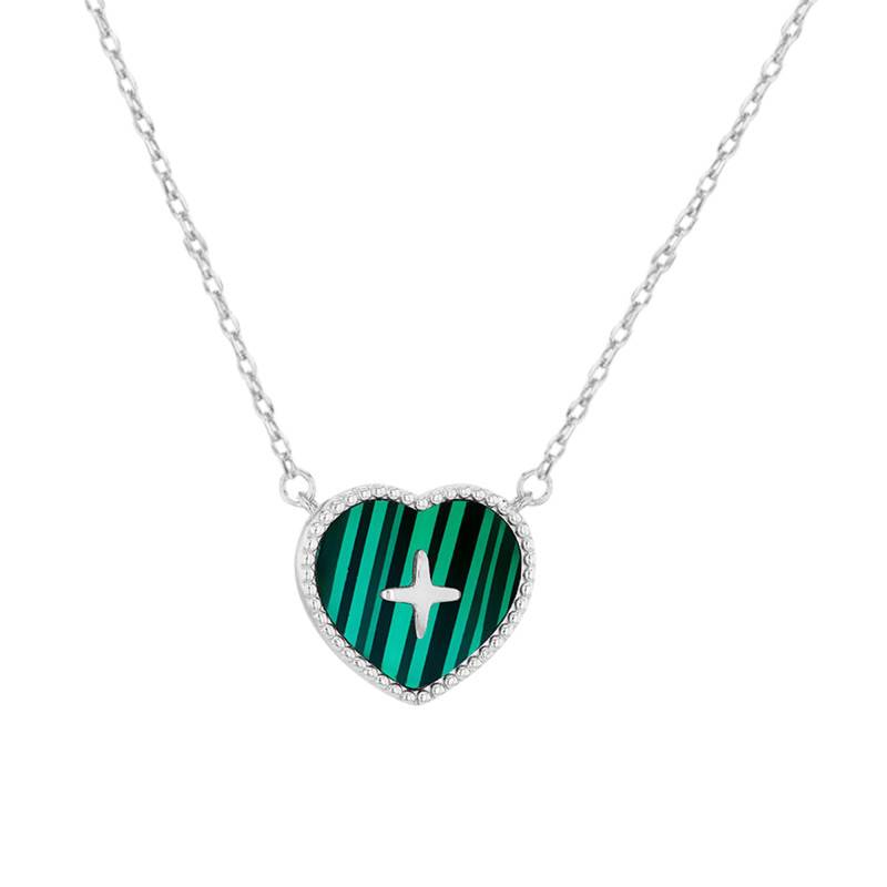 925 Silver & Malachite Heart and Cross Necklace, Length 41 cm to 46 cm - Aurora