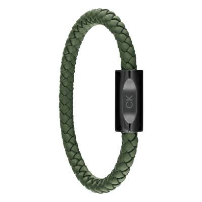 Bracelet Bold Leathers en Cuir Tressé Vert & Acier Noir - 35000572 - Calvin Klein