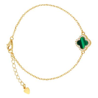 Gold-Plated 925 Silver, White Cubic Zirconia & Malachite Clover Bracelet 11 x 11 mm, Length 18 cm to 20 cm - Aurora