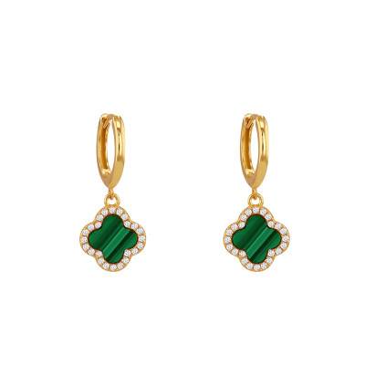925 Gilded Silver, White Cubic Zirconia & Malachite Clover Huggie Earrings - Aurora
