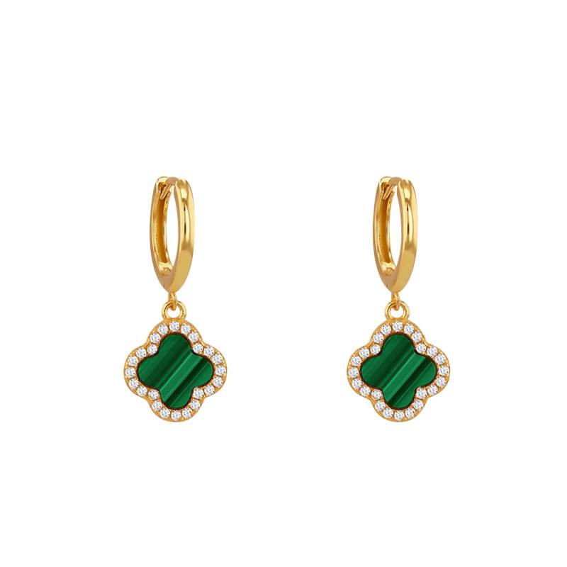 925 Gilded Silver, White Cubic Zirconia & Malachite Clover Huggie Earrings - Aurora