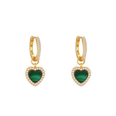 925 Gilded Silver, White Cubic Zirconia & Malachite Heart Huggie Earrings - Aurora