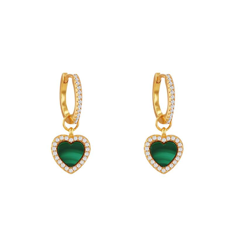 925 Gilded Silver, White Cubic Zirconia & Malachite Heart Huggie Earrings - Aurora