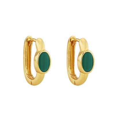 Gold-Plated 925 Silver & Malachite Oval Mini Huggie Earrings - Aurora