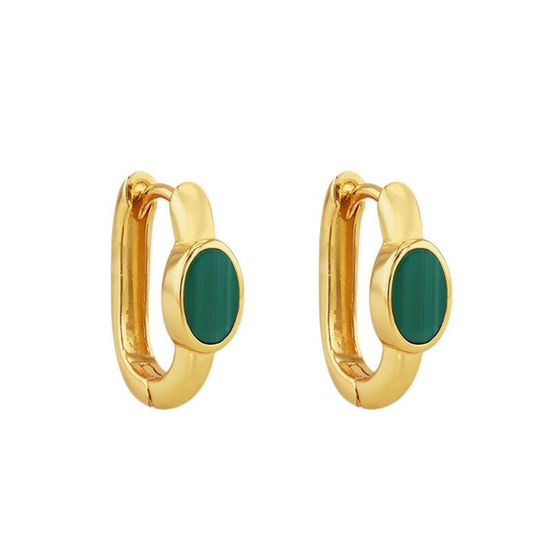 Gold-Plated 925 Silver & Malachite Oval Mini Huggie Earrings - Aurora