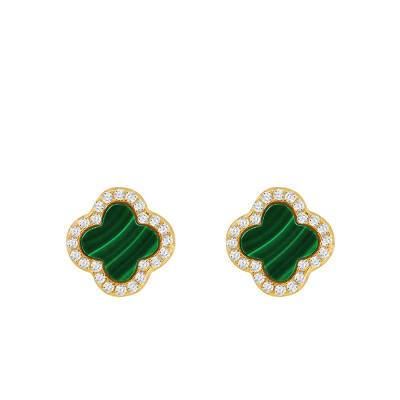 Boucles d'oreilles Malachite Trèfle en Argent 925 Doré & Zircones Blanches - Aurora