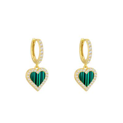 Gold-Plated 925 Silver, White Cubic Zirconia & Malachite Heart Leverback Earrings - Aurora