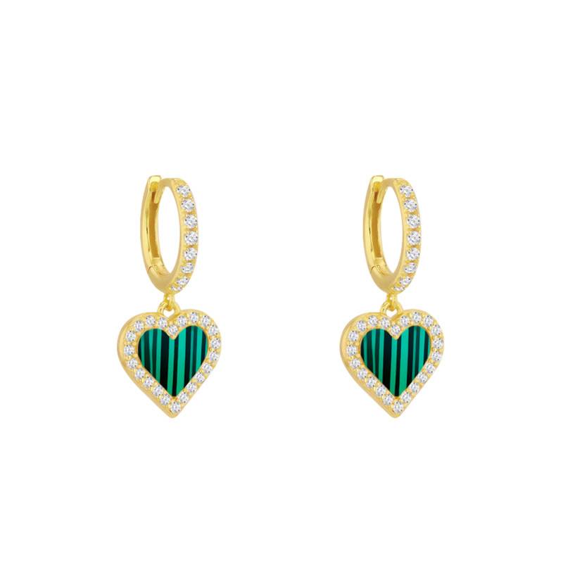 Gold-Plated 925 Silver, White Cubic Zirconia & Malachite Heart Leverback Earrings - Aurora