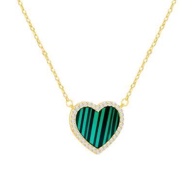 Collier Malachite Coeur en Argent 925 Doré & Zircones Blanches, Longueur 41 à 46 cm - Aurora