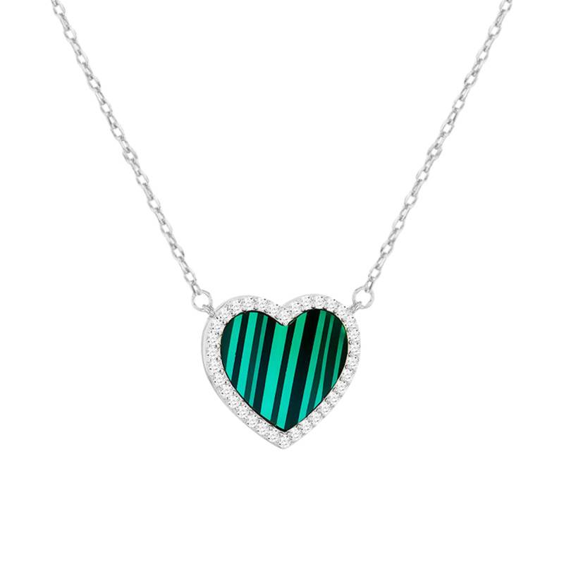 925 Silver, Cubic Zirconia & Malachite Heart Necklace, Length 41 cm to 46 cm - Aurora