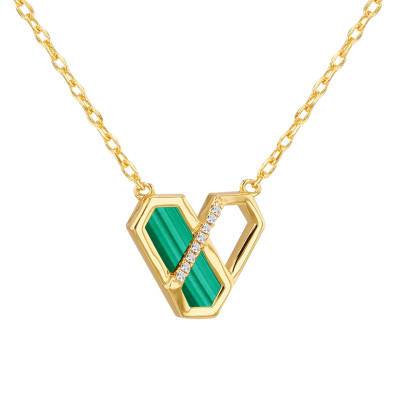 Collier Hexagone en Argent 925 Doré, Malachite & Oxydes de Zirconium, Longueur 42 à 45 cm - Aurora
