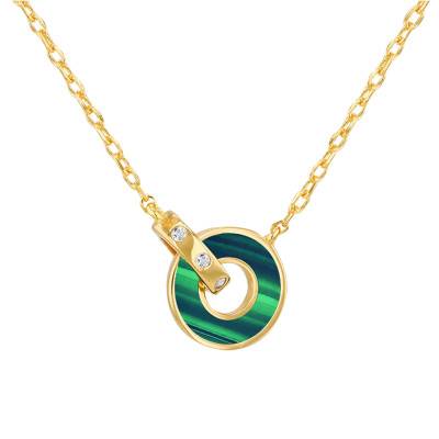 Collier Anneaux en Argent 925 Doré, Malachite & Oxydes de Zirconium, Longueur 42 à 45 cm - Aurora