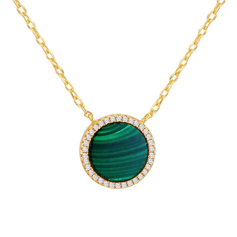 Gold-Plated 925 Silver, Cubic Zirconia & Malachite Round Necklace, Length 42 cm to 45 cm - Aurora