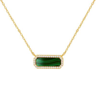 Collier Octogonal en Argent 925 Doré, Malachite & Oxydes de Zirconium, Longueur 42 à 45 cm - Aurora