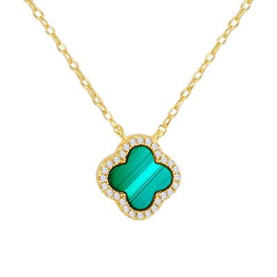 Collier Trèfle en Argent 925 Doré, Malachite & Oxydes de Zirconium, Longueur 42 à 45 cm - Aurora