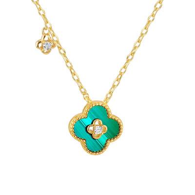 Collier Trèfles en Argent 925 Doré, Malachite & Oxydes de Zirconium, Longueur 42 à 45 cm - Aurora