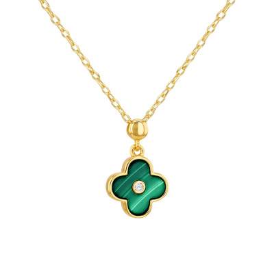 Collier Trèfle en Argent 925 Doré, Malachite & Oxyde de Zirconium, Longueur 42 à 45 cm - Aurora