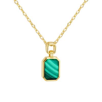 Collier Octogonal en Argent 925 Doré & Malachite, Longueur 42 à 45 cm - Aurora
