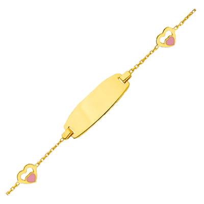 375/1000 Yellow Gold Oval Two Open-Worked Hearts Baby ID Bracelet, Adjustable Length 14 cm, Width 1 mm - Bambins