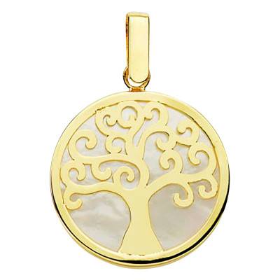 White Mother-of-Pearl & 750/1000 Yellow Gold Tree of Life Pendant, 18 mm Diameter - Lumiosa