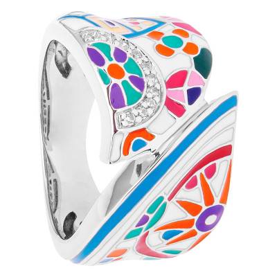 925 Silver White Cubic Zirconia & Multicolor Lacquer Pashmina Ring - Una Storia