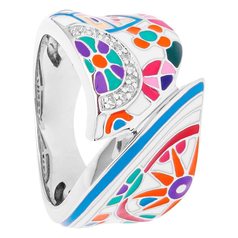 925 Silver White Cubic Zirconia & Multicolor Lacquer Pashmina Ring - Una Storia