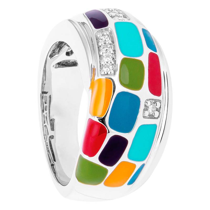 925 Silver Multicolor Lacquer & White Cubic Zirconia Mosaïque Ring - Una Storia