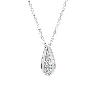 Collier Goutte Trilogie en Or Blanc 750 & Diamants 0,17 ct, Longueur 42 cm - Emanessence
