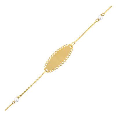 Gourmette bébé dentelle et perles Or Jaune 375, Longueur 14 cm réglable - Bambins