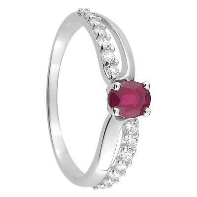 750/1000 White Gold Ruby & Cubic Zirconia Solitaire Ring with Side Stones, Open-Work Band, Aurora - Aurora