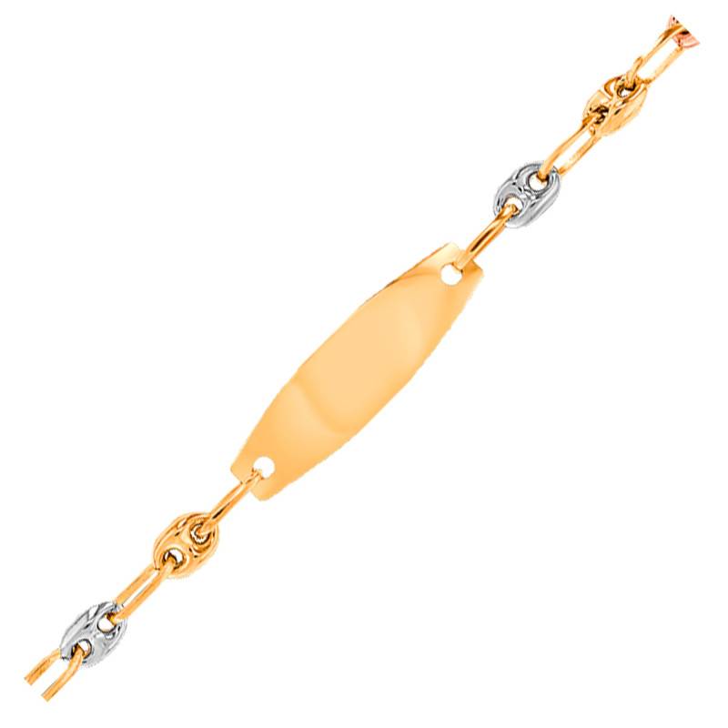 Tri-Color 375/1000 (9K) Gold Oval Baby ID Bracelet, Coffee Bean Chain, Adjustable Length 14 cm, Width 3.12 mm - Bambins