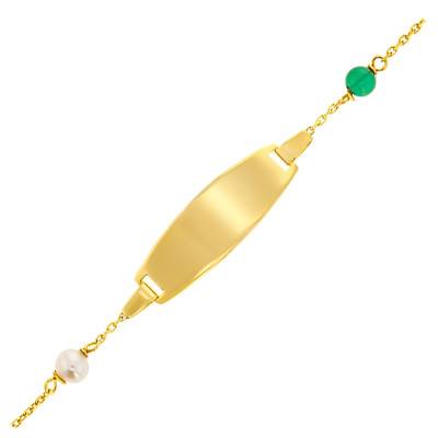375 Yellow Gold Baby ID Bracelet & Green Beads, Adjustable Length 14 cm - Rosatella