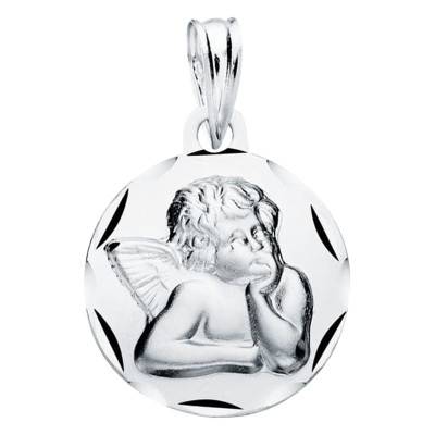 375 White Gold Faceted Angel Medal, 14 mm Diameter - Lumiosa