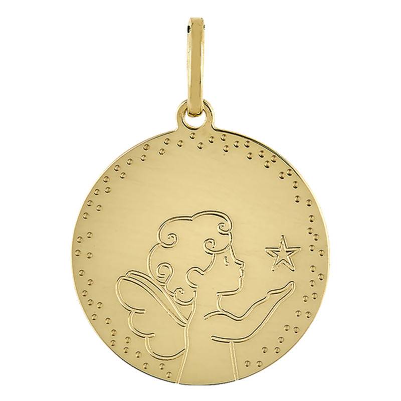 750/1000 Yellow Gold Round Angel Star Medallion, Diameter 16 mm - Vandona