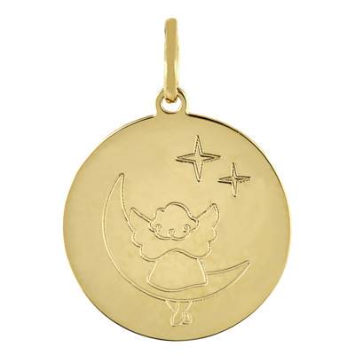 Médaille Ronde Ange sur la lune, Or Jaune 750, Diamètre 16 mm - Vandona