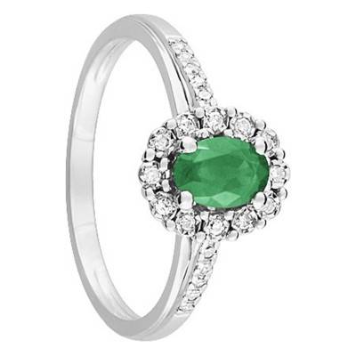 Bague Ovale Or Blanc 750, Emeraude 0,47 ct, Diamants 0,11 ct - Aurora