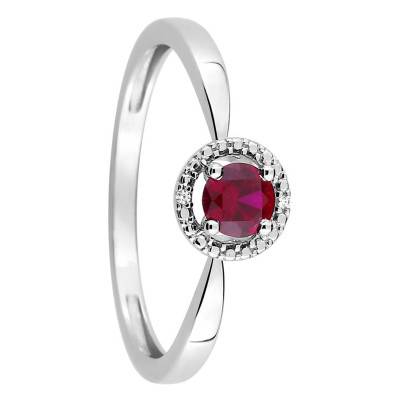 375/1000 White Gold Ruby & Cubic Zirconia Solitaire Ring with Side Stones - Aurora