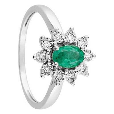 Bague Florale Or Blanc 750, Emeraude 0,45 ct, Diamants 0,06 ct - Aurora