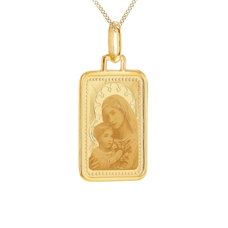 375/1000 Yellow Gold Rectangular Virgin and Child with Flowers Medal - Vandona